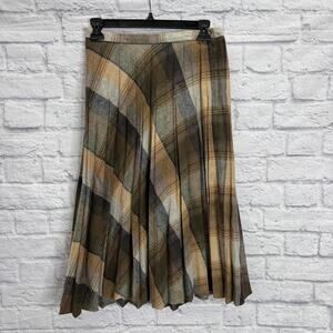 Vintage Personal Wool Pleated Midi Skirt Size S Brown Tan Plaid 70s